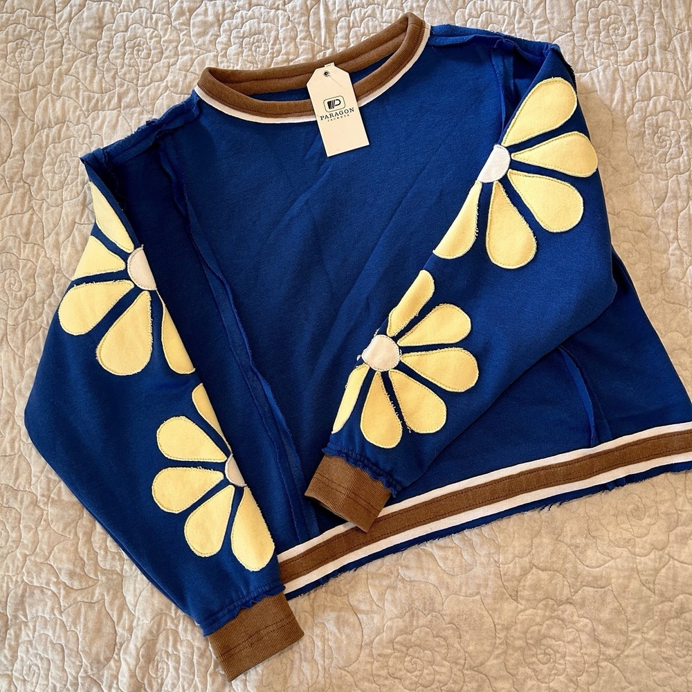 Paragon Jackets Cobalt Blue Sweatshirt Fun Floral Design NWT size Medium
